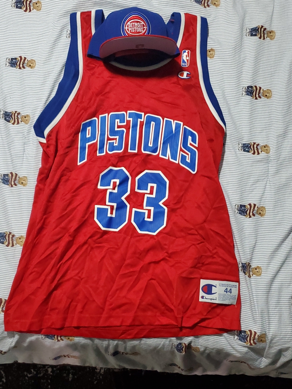 Vintage Champion Red Detroit Pistons Grant Hill Jersey with Blue Trim With Hat